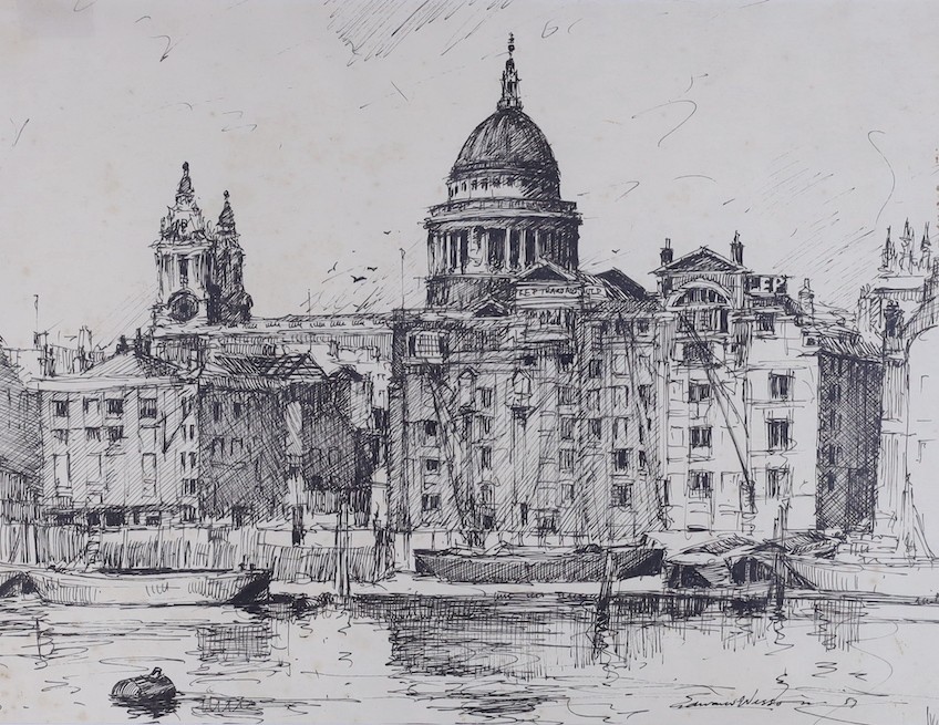 Edward Wesson (1910-1983), pen and ink, St Paul's from The Thames, signed and dated '57, 24 x 32cm